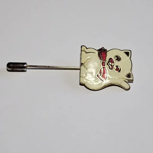 Vintage Gold Tone White Cloisonne Cat With Red Bow Stick Pin Lapel Hat - Picture 10 of 10